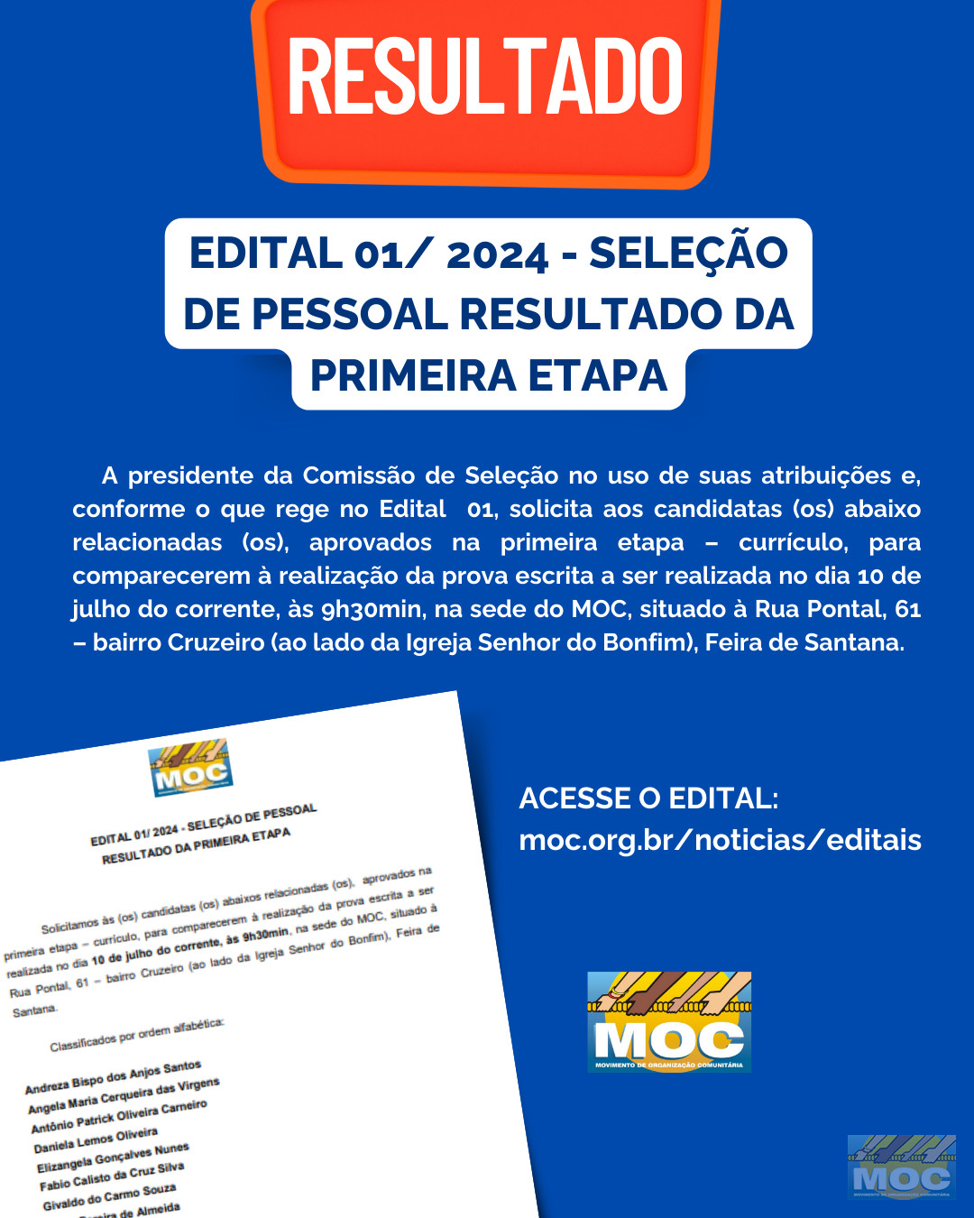 EDITAL 01/ 2024 - SELEÇÃO DE PESSOAL RESULTADO DA PRIMEIRA ETAPA