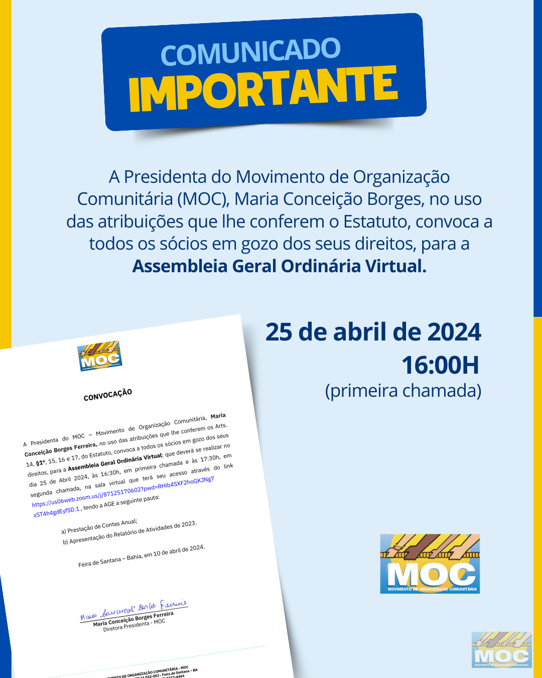 MOC convoca sócios/as para sua Assembleia Geral Ordinária