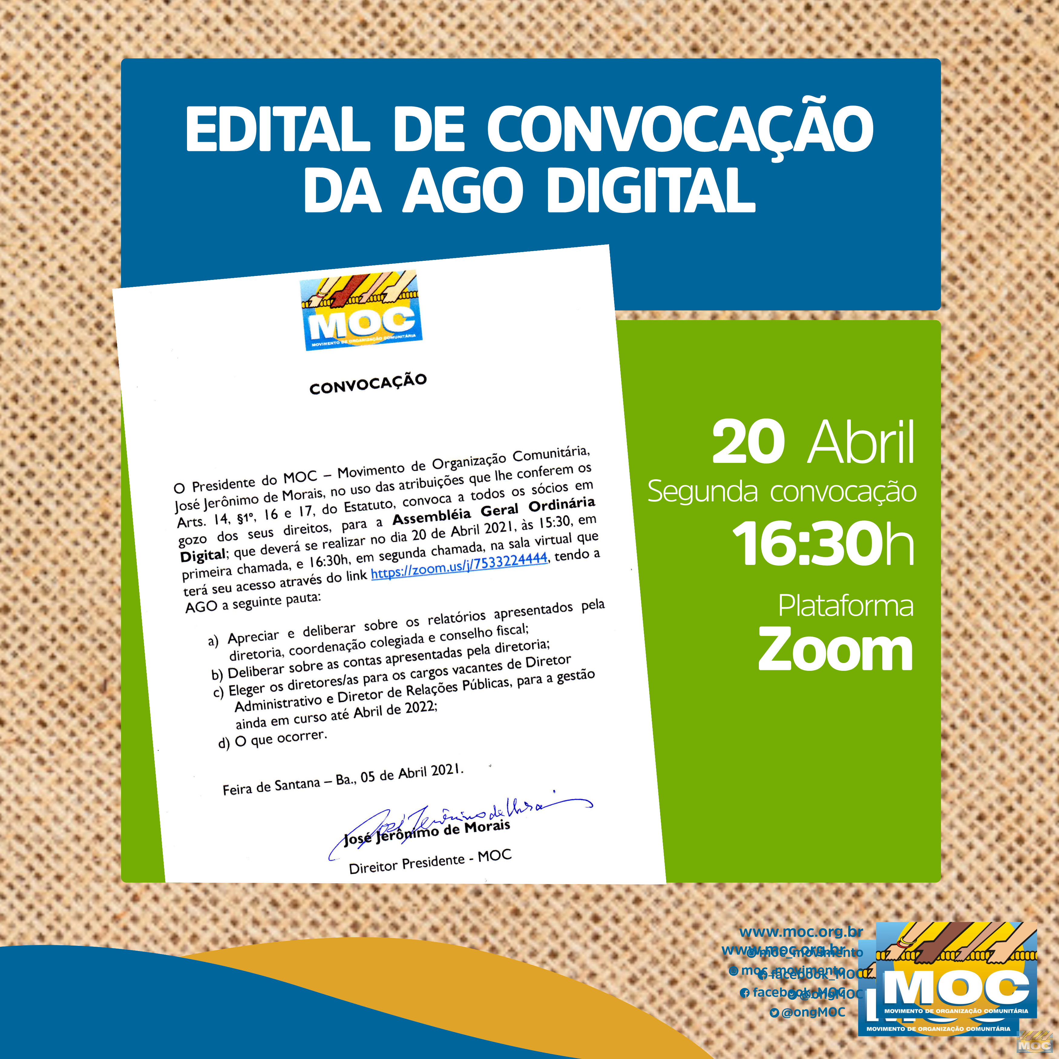 MOC realizará Assembleia Geral Ordinária Digital