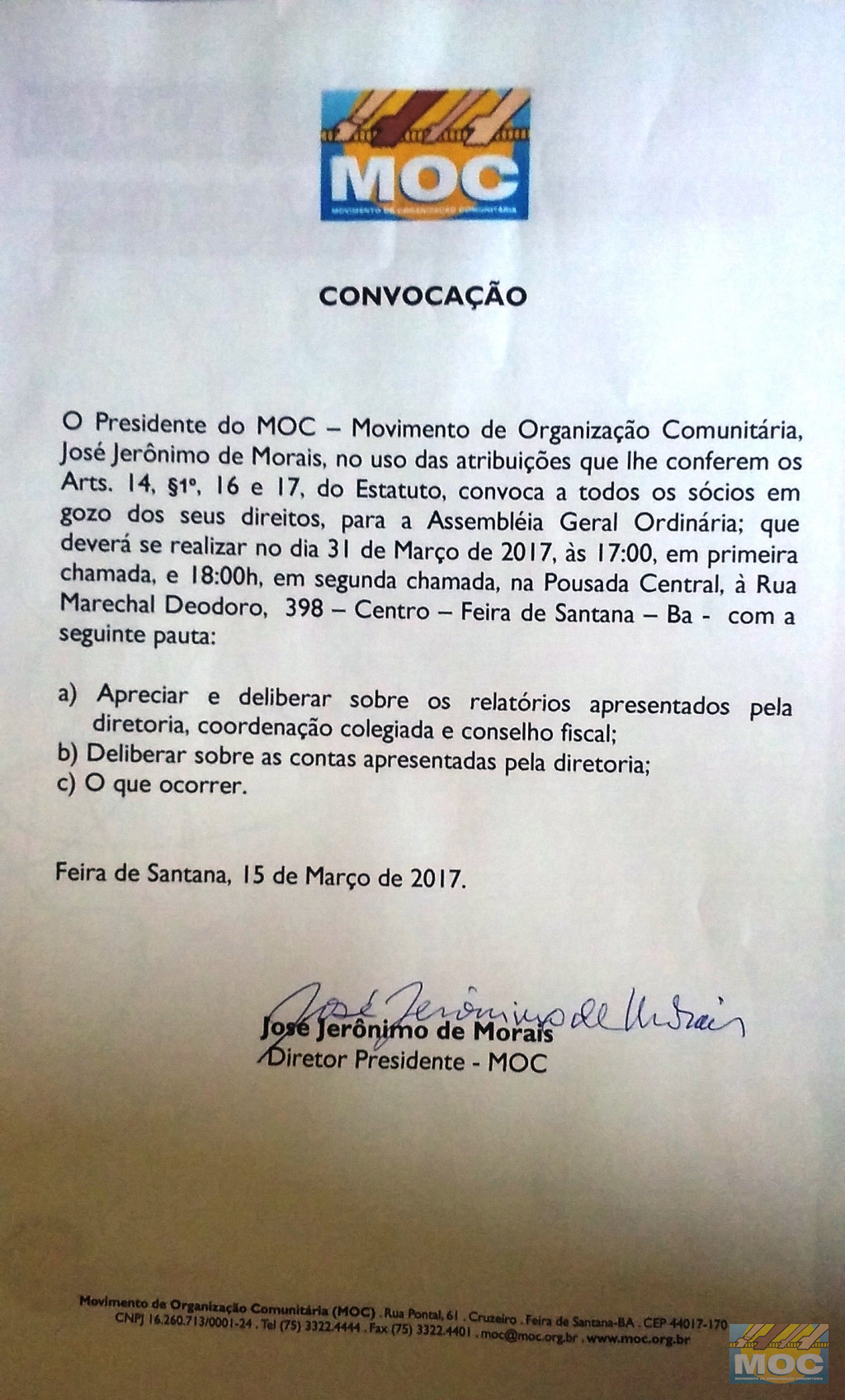 MOC convoca sócios para Assembleia Geral Ordinária