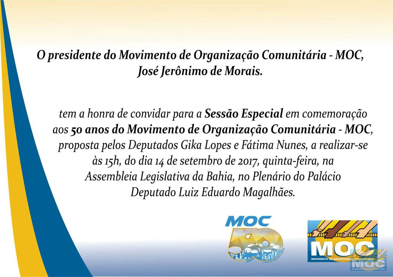 MOC será homenageado em sessão solene na Assembleia Legislativa da Bahia