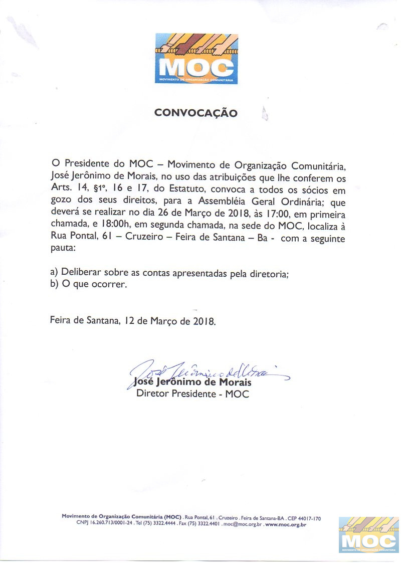 CONVOCAÇÃO - ASSEMBLEIA GERAL ORDINÁRIA DO MOC