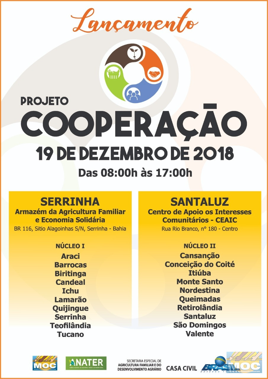 Lançamento do Projeto COOPERAÇÃO do ATER MAIS GESTÃO acontecerá em Santaluz e Serrinha