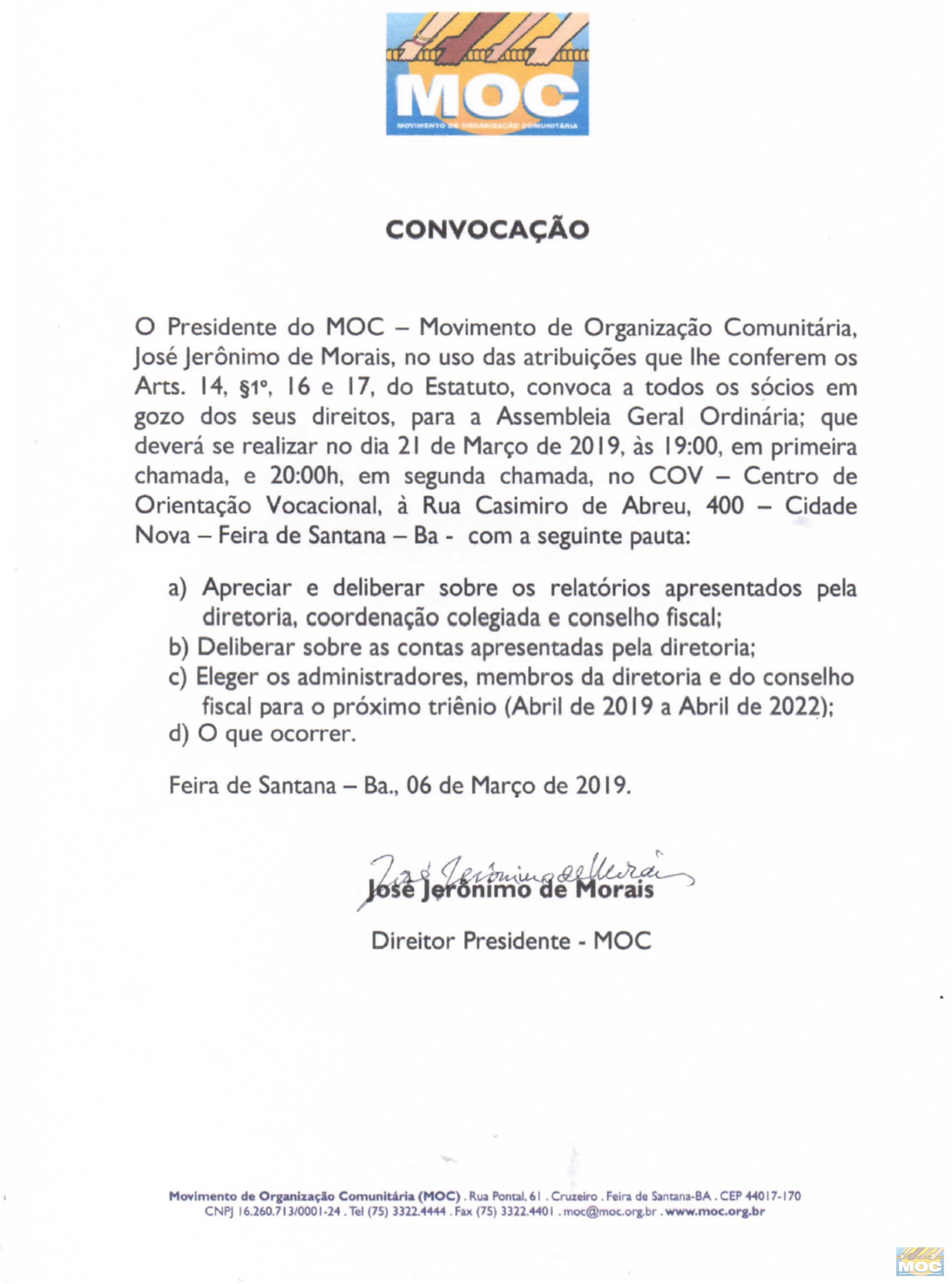 CONVOCAÇÃO - ASSEMBLEIA GERAL ORDINÁRIA DO MOC