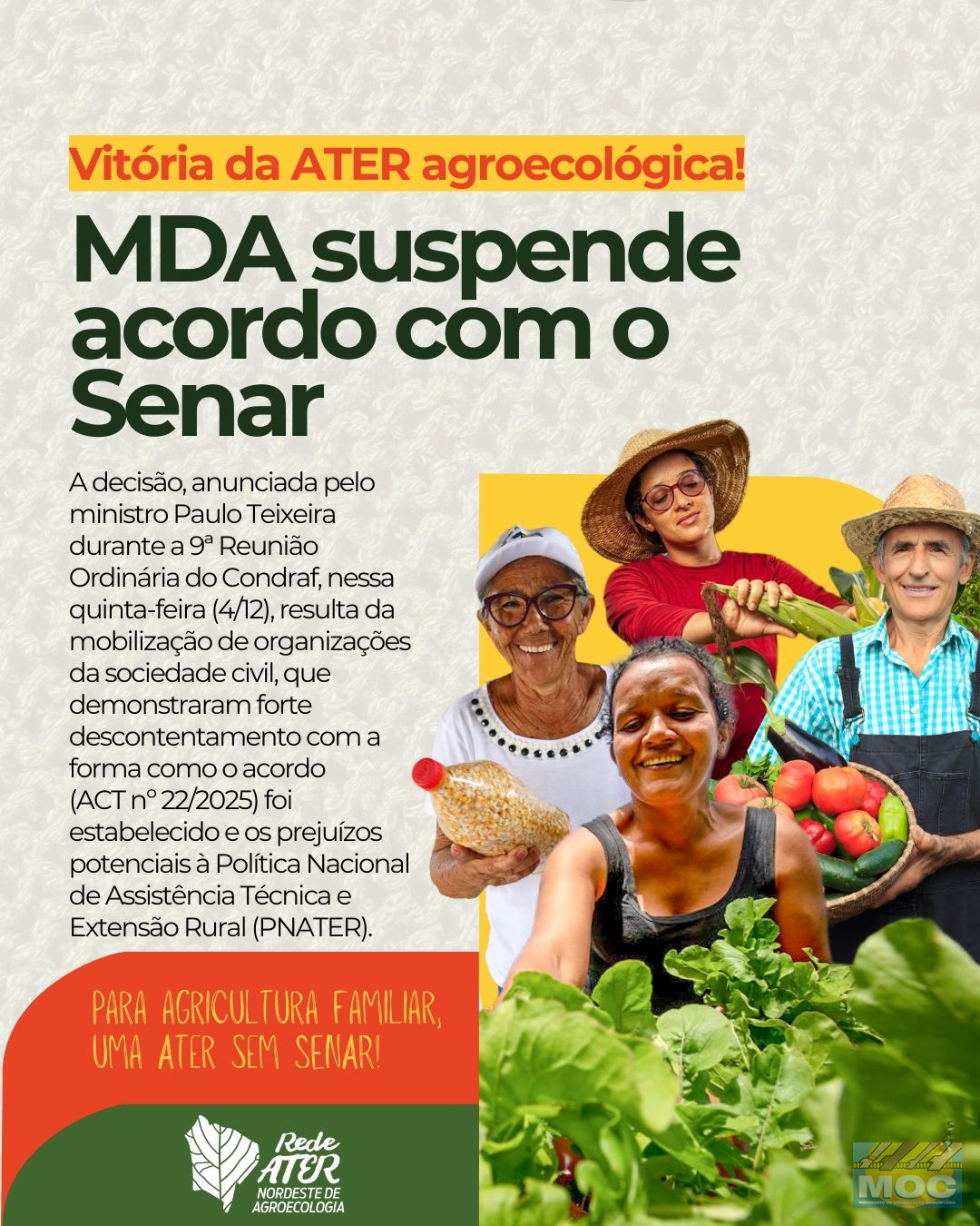 Vitória da ATER Agroecológica: após manifestações da sociedade civil e do CONDRAF, ministro Paulo Teixeira suspende acordo de cooperação técnica do MDA com o SENAR