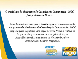 MOC será homenageado em sessão solene na Assembleia Legislativa da Bahia